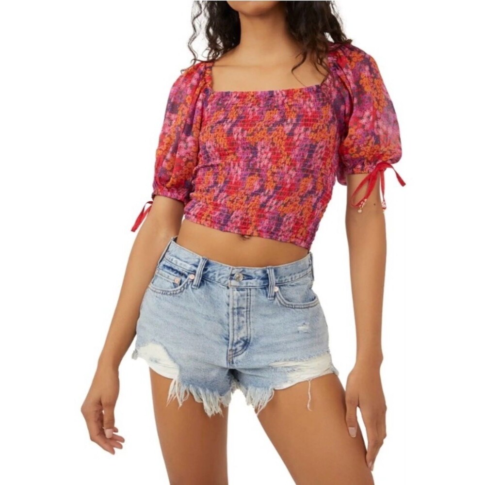 Free People Hot Pink Combo Back On Top Smocked Crop Blouse Medium Fairy Core